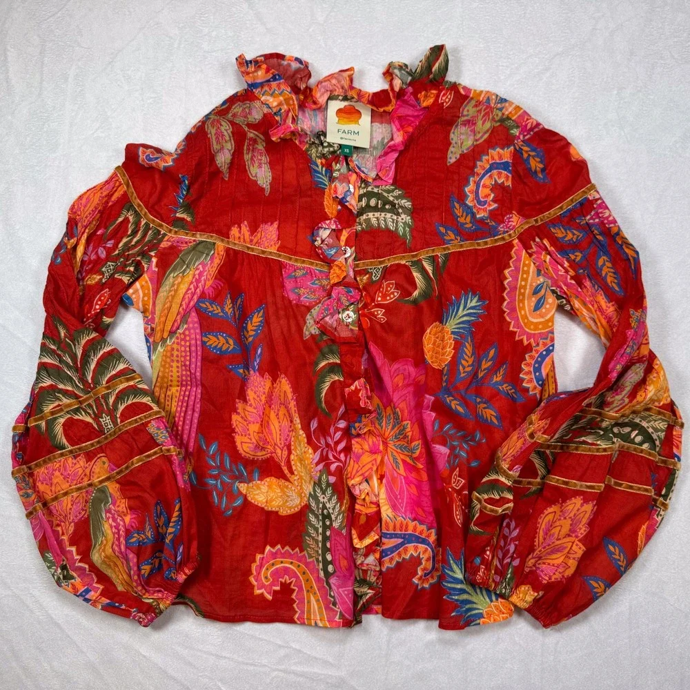 FARM‎ Rio Women's XS Red Floral Ruffle Button Up Long Sleeve Blouse Top - Picture 3 of 7